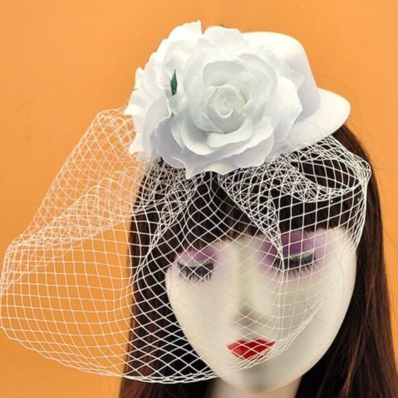 Fascinators - White Derby Hat Elegant Tea Party with Veil Floral - Picture 5 of 10